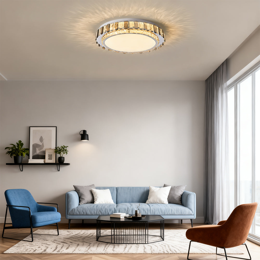 Large LED light fixtures flush mount featuring gold and crystal trim.