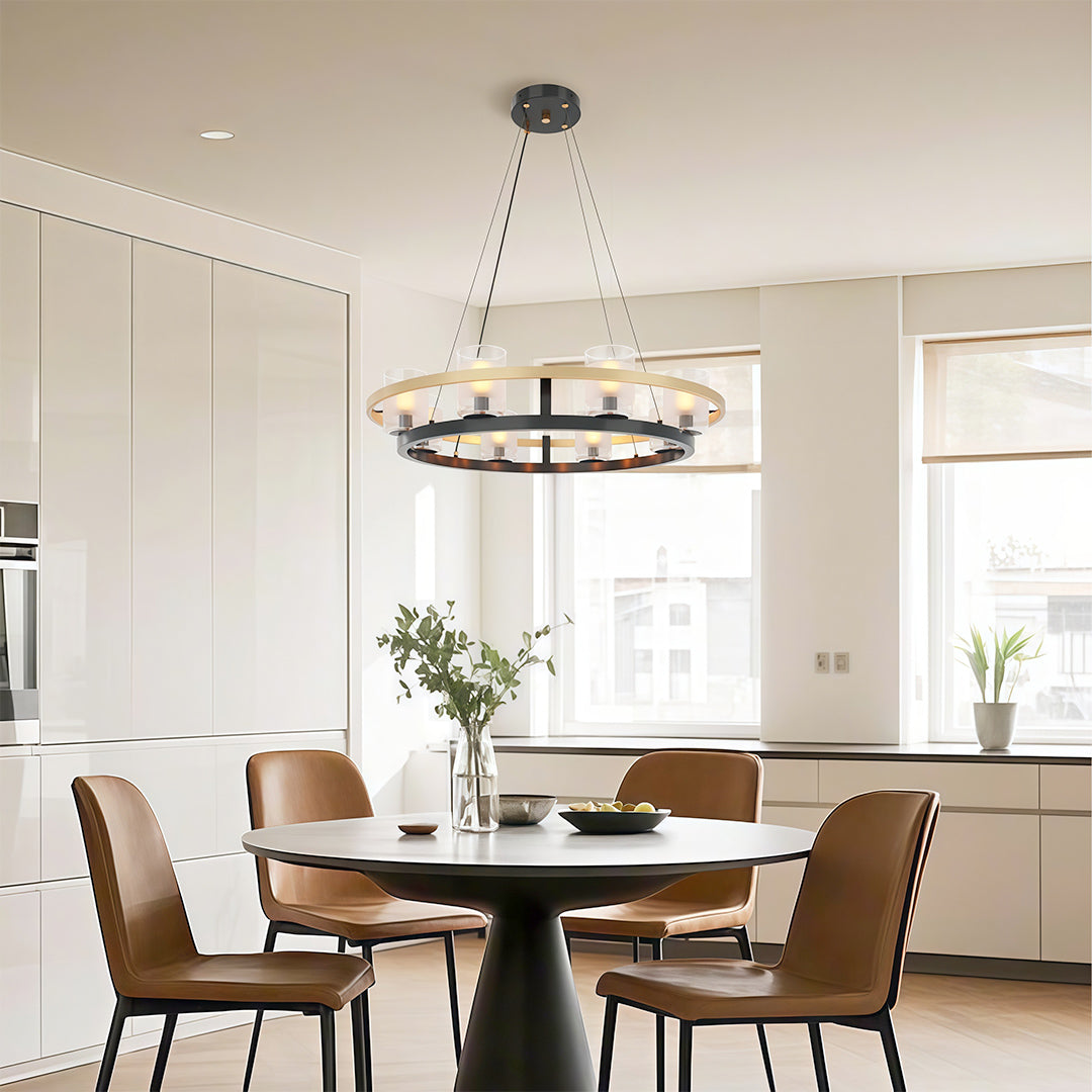 Modern luxury chandeliers installed in elegant dining room with contemporary beige and white kitchen backdrop