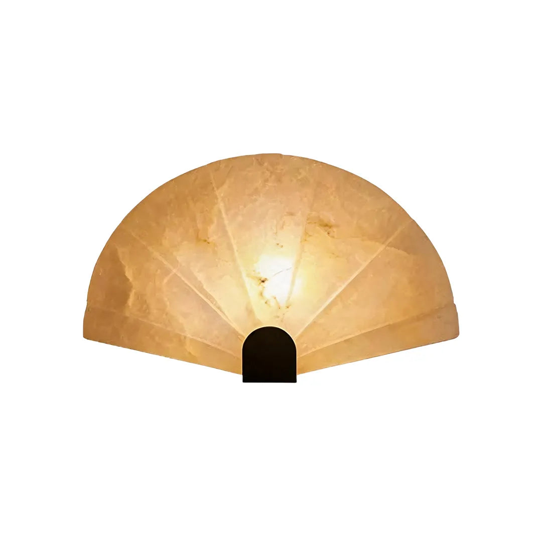 Large scalloped wall sconce product image showing a fan-shaped shade with warm illumination.