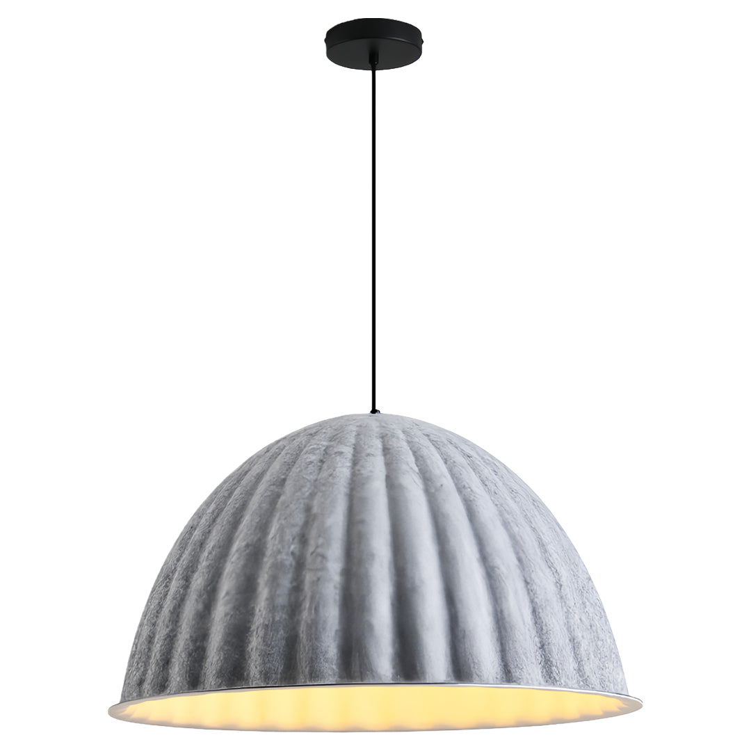 Isolated view of the large gray pendant light featuring a semi-spherical shade and a matte black ceiling canopy.