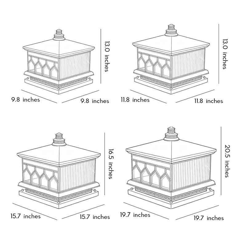 Large solar pillar lights dimension drawing showing outdoor lantern measurements and size specifications.