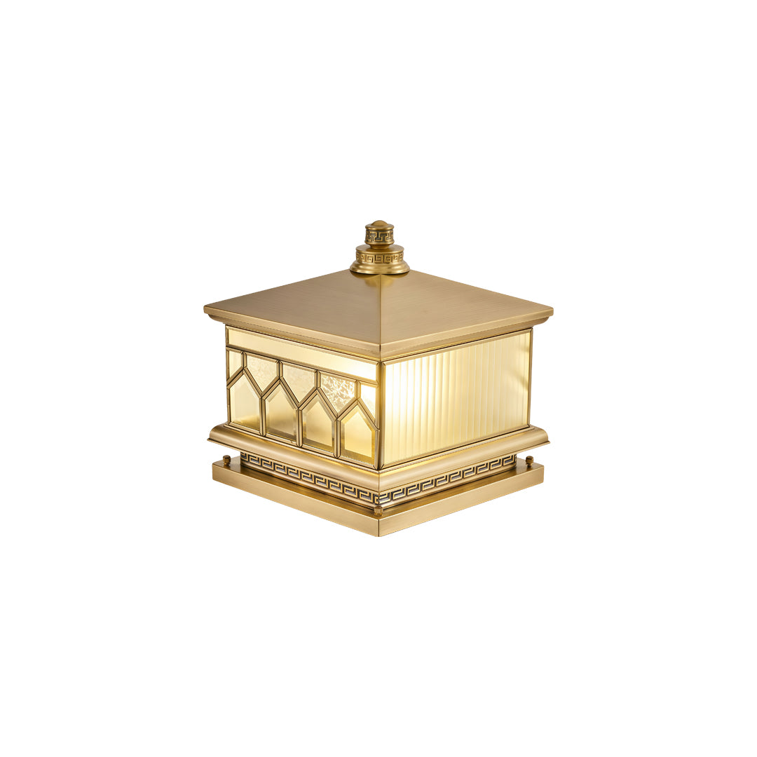 Large solar pillar lights outdoor lantern fixture isolated on white background with gold finish.