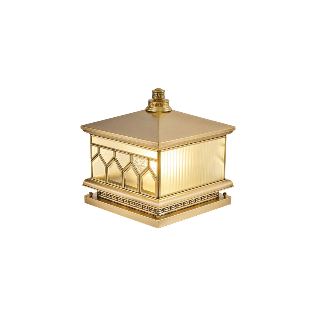 Large solar pillar lights elegant square lantern with warm illuminated glass and metallic housing.