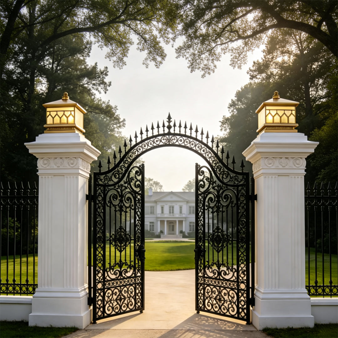 Large solar pillar lights mounted on elegant white entrance pillars beside decorative iron gates.