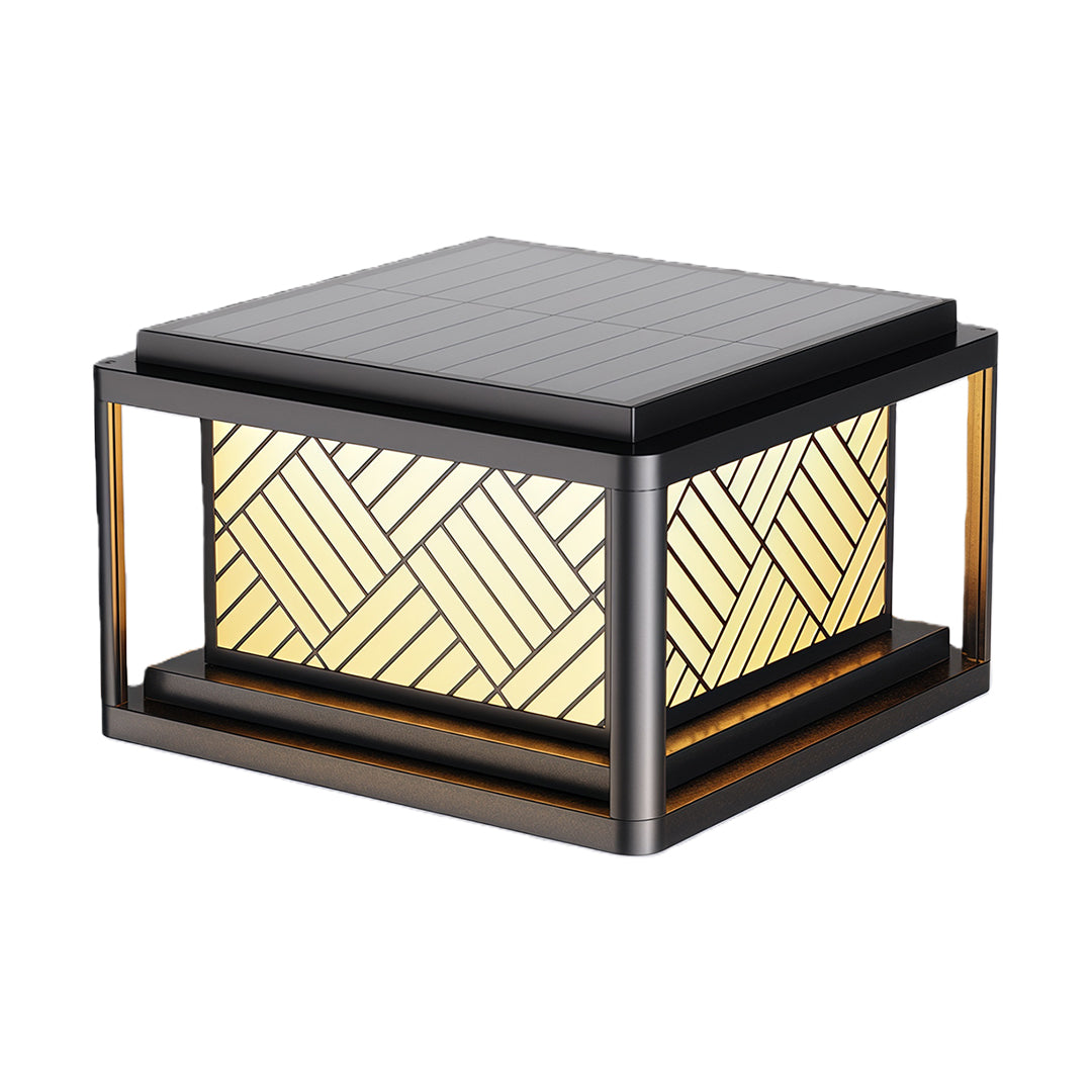 Large square outdoor pillar LED light featuring modern geometric frame and soft illumination.