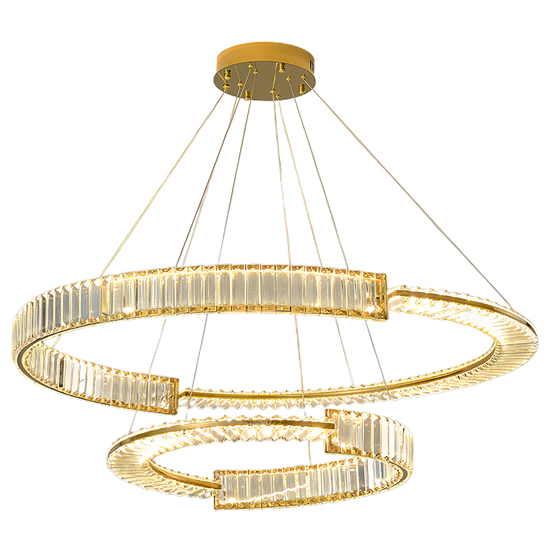 Large gold crystal chandelier with twisted ring design and abundant crystal embellishments