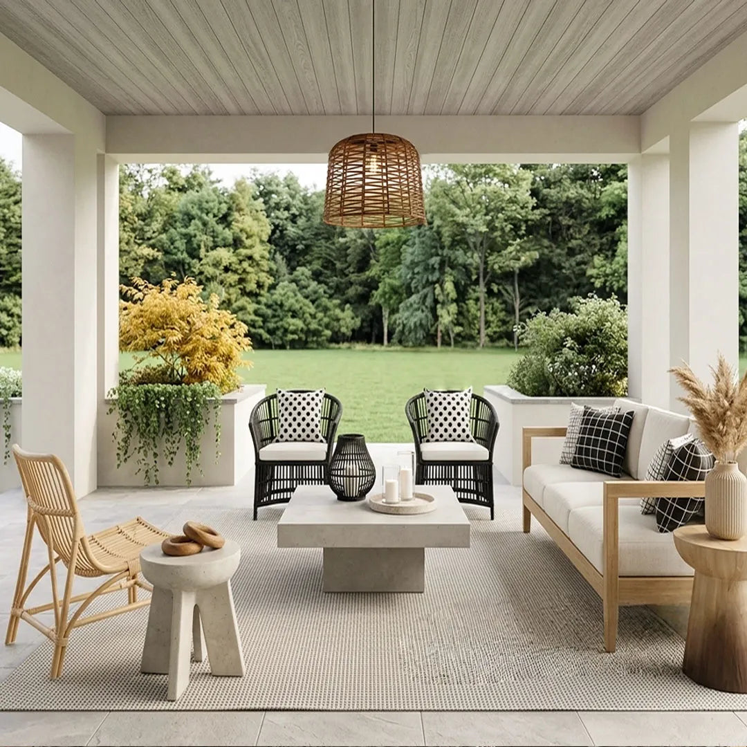 Large woven pendant light hanging above a neutral outdoor seating area on a covered porch.