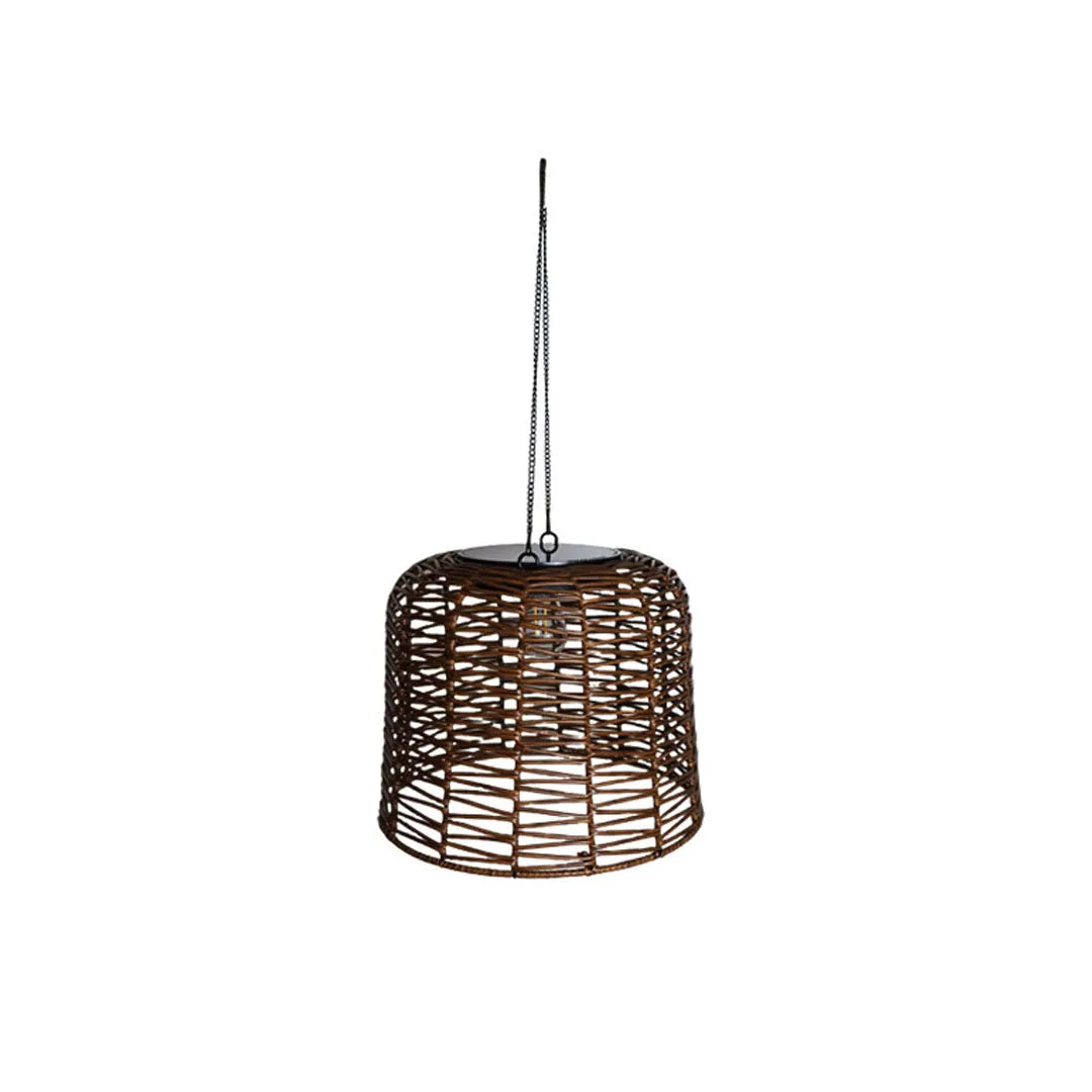 Large woven pendant light with a basket-style brown wicker shade and black hanging cord.