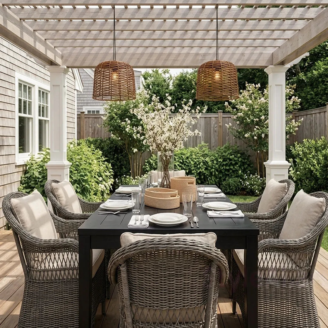 Large woven pendant lights suspended above an outdoor dining table on a bright covered patio.