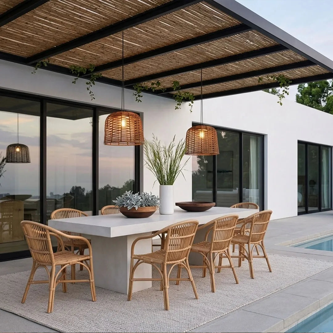 Large woven pendant lights illuminating a modern outdoor dining area beneath a black pergola.