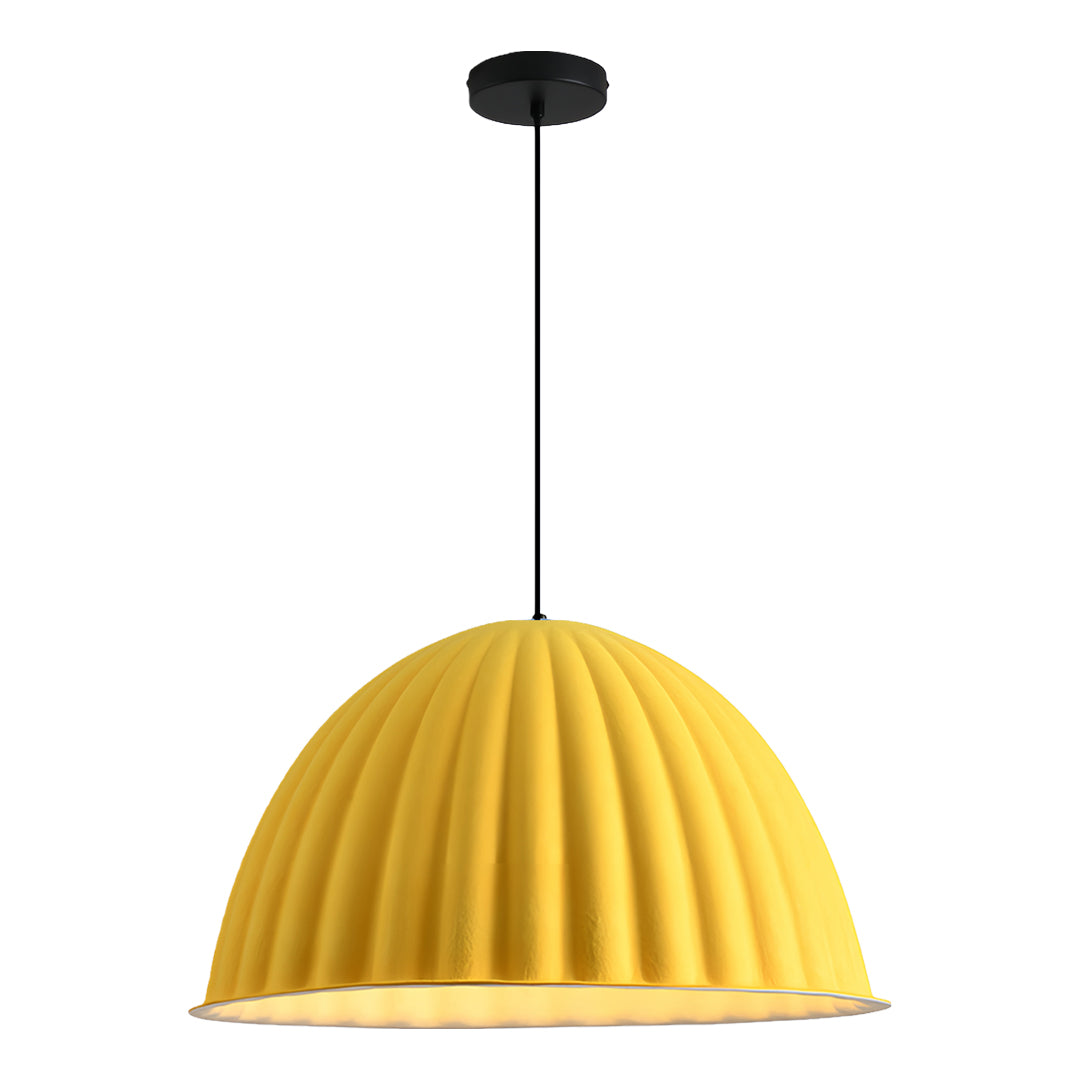 Studio isolation shot of the large yellow ribbed shade model, matching the dimensions of the gray pendant light fixture.
