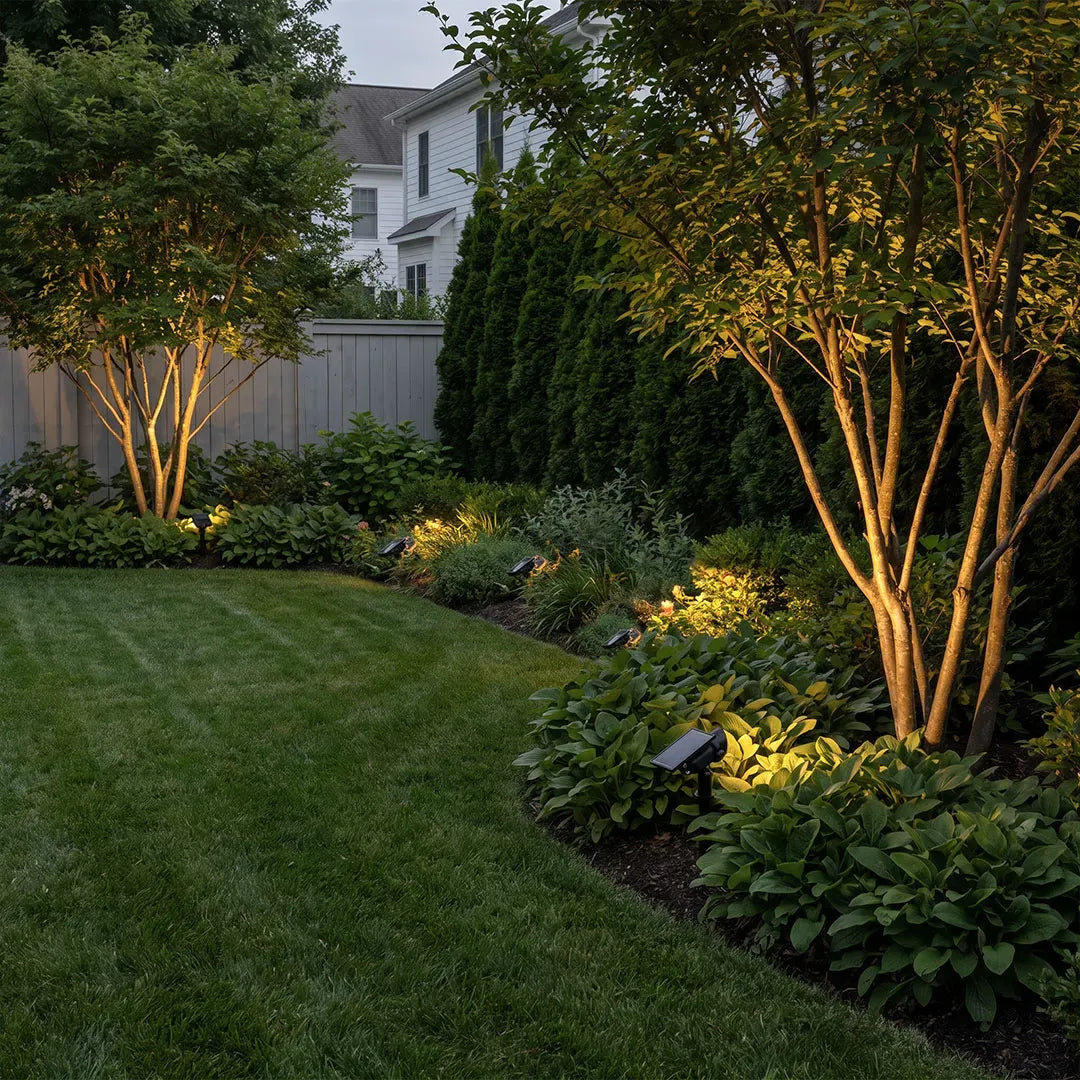 Lawn spot lights illuminate trees, shrubs, and curved garden borders in a landscaped backyard at dusk.