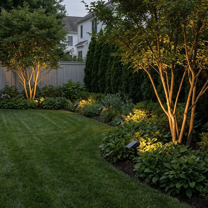 Lawn spot lights illuminate trees, shrubs, and curved garden borders in a landscaped backyard at dusk.