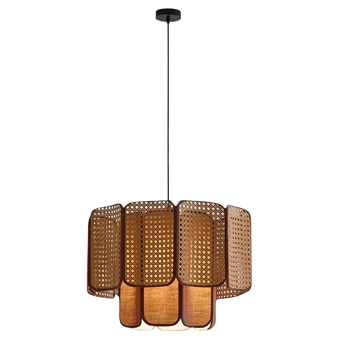 Bamboo pendant light with layered design, offering unique lighting effects in a contemporary setting.