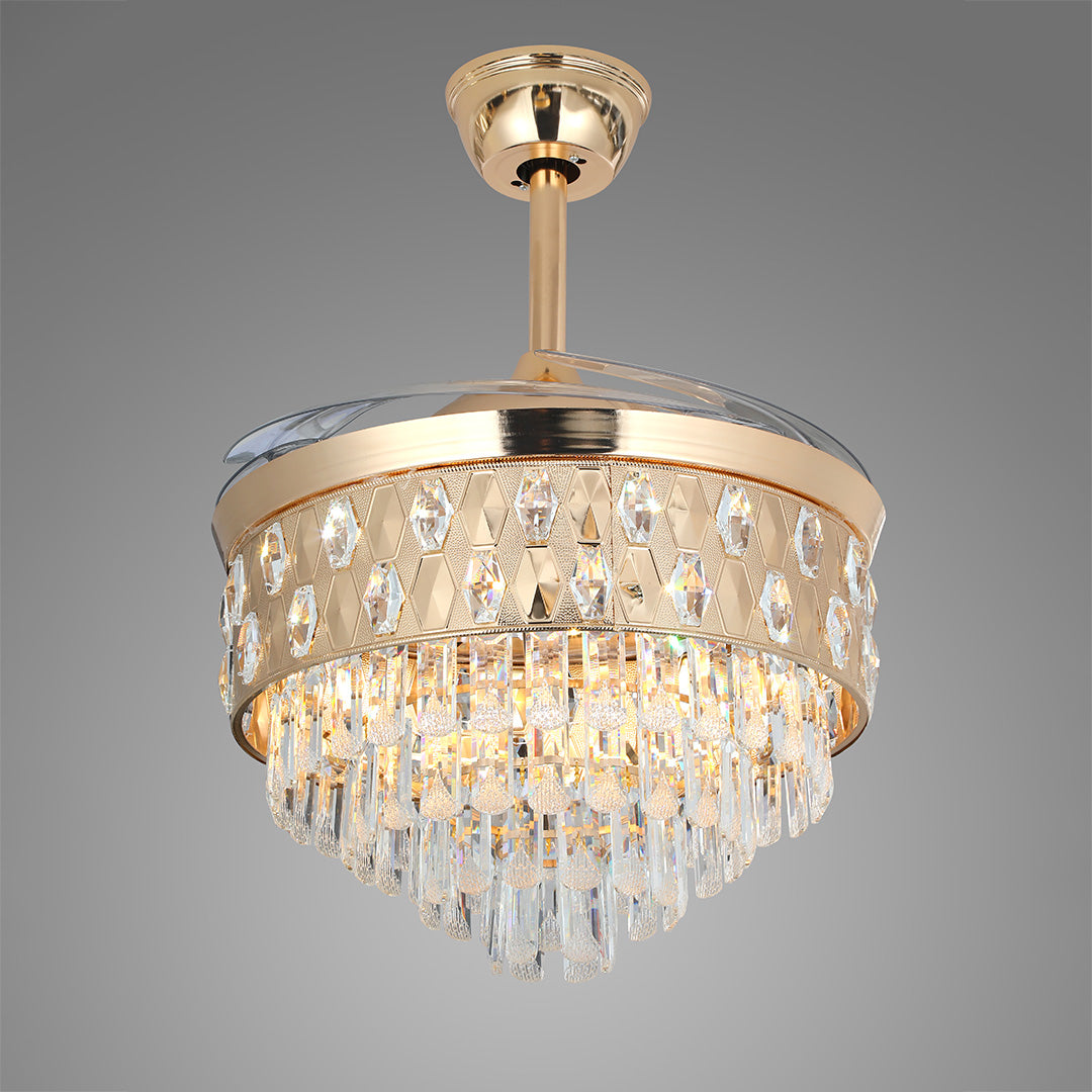 Layered cascade design of the ceiling fans with crystal lights in a polished gold finish 