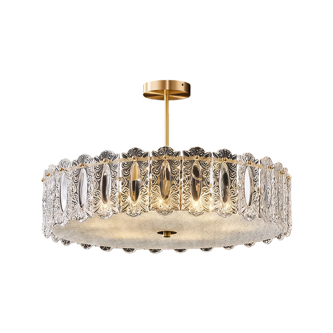 Glass semi flush mount lighting featuring layered clear crystal glass with polished brass finish