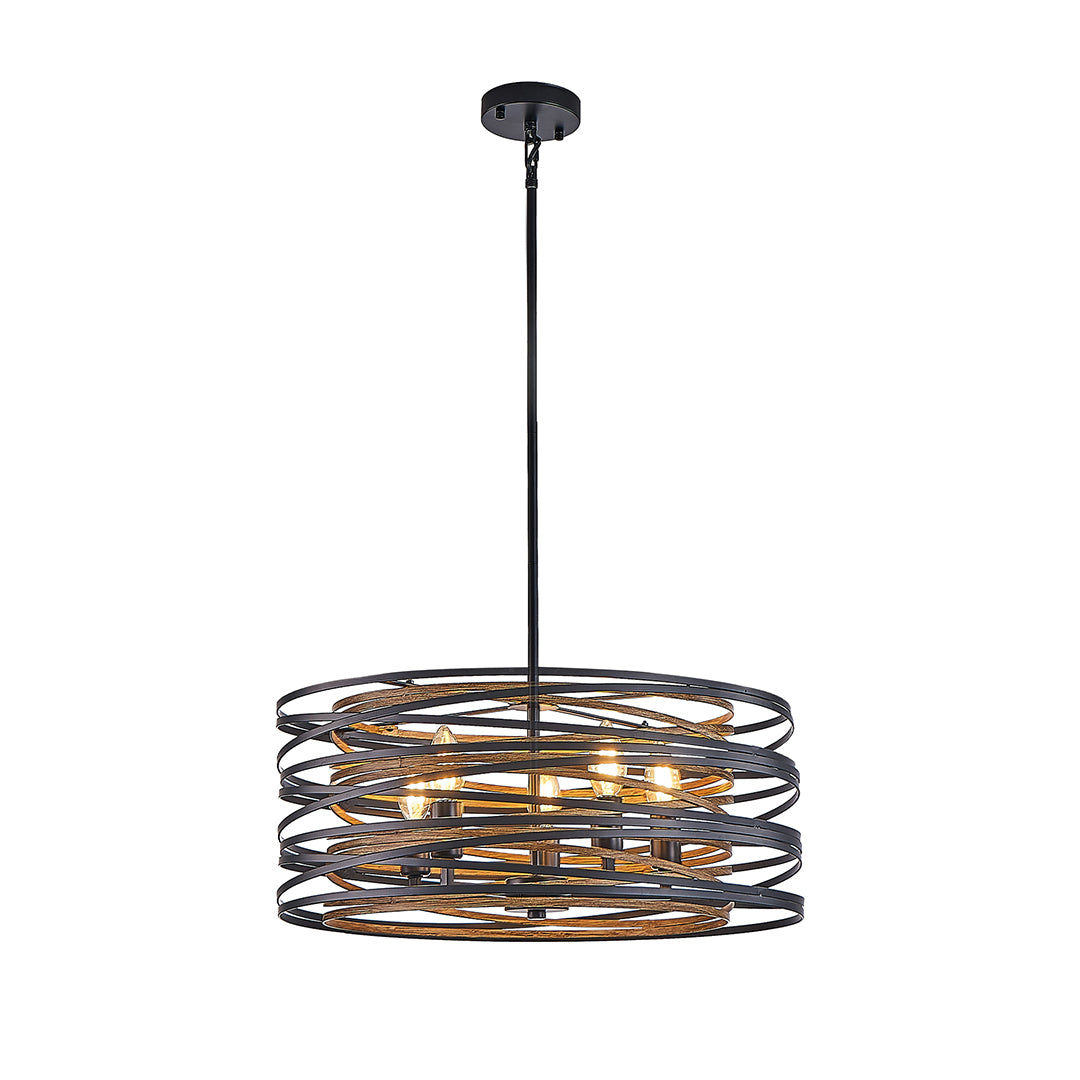 Sleek black drum pendant light with layered metal rings, perfect for minimalist kitchen or dining areas.