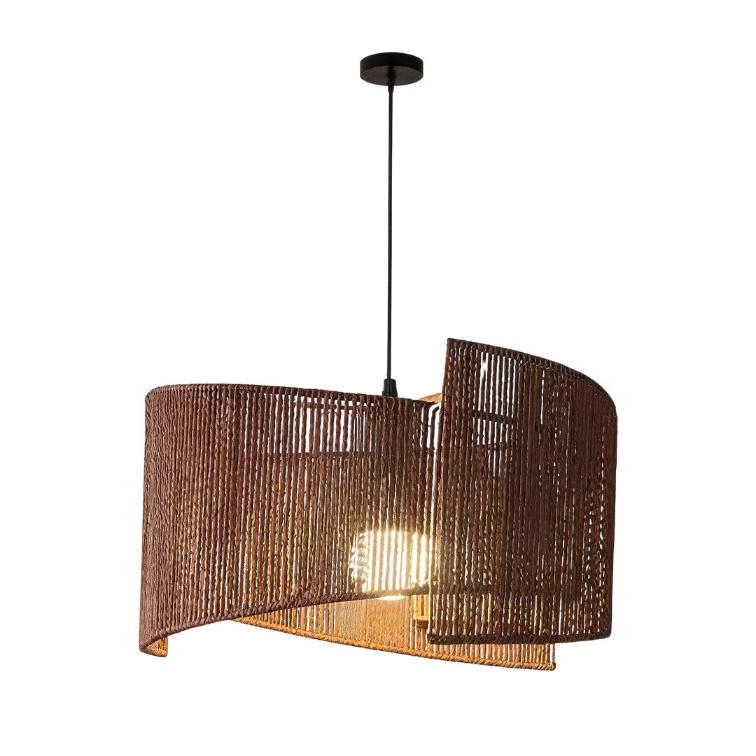 Rattan woven pendant light with layered woven construction and a warm decorative glow.