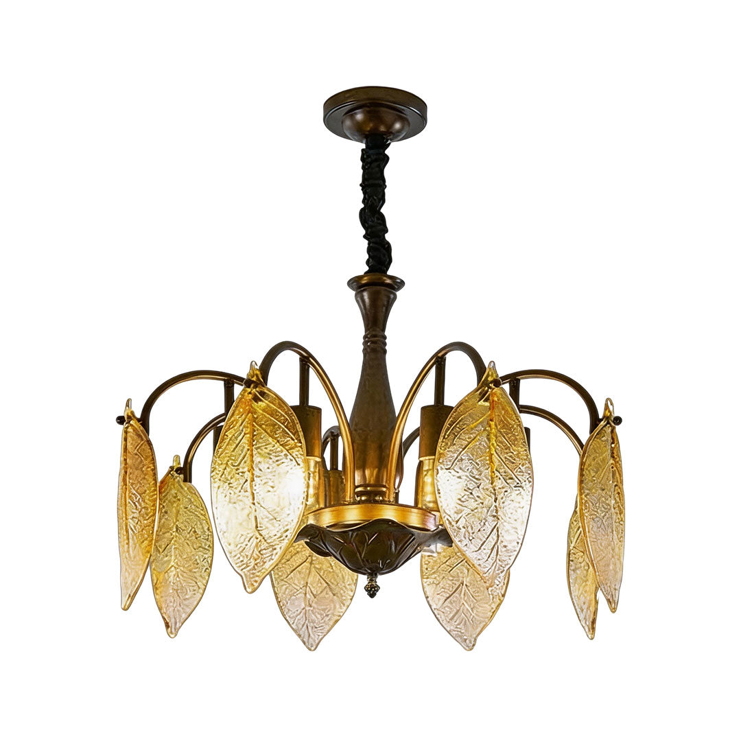 Leaf glass chandelier with layered amber leaf-shaped glass shades and elegant curved arms.