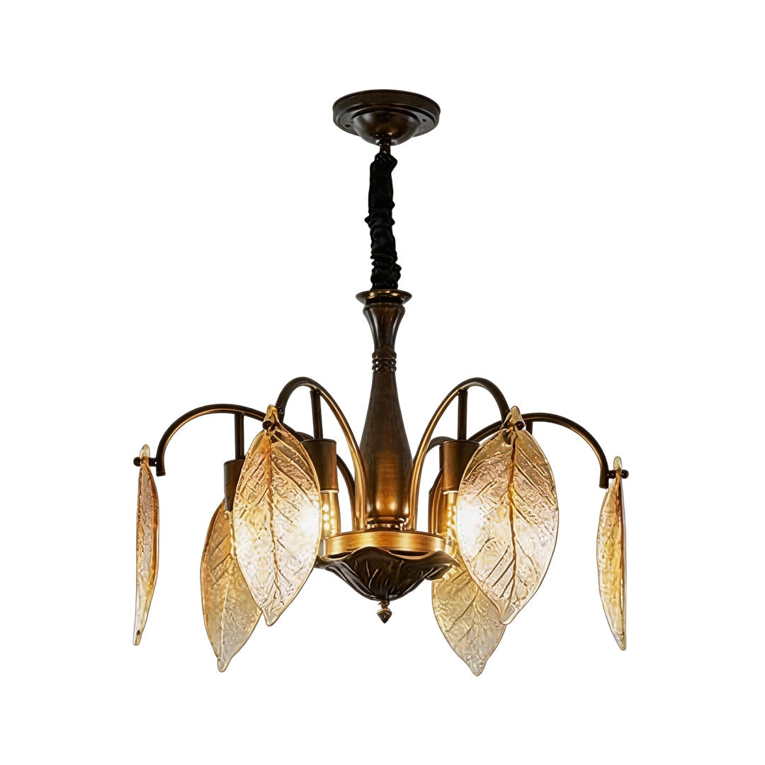 Leaf glass chandelier featuring textured amber glass leaves and a vintage bronze frame.