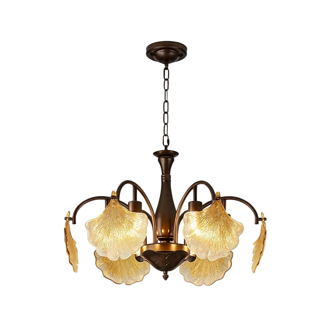 Leaf glass chandelier featuring warm illuminated glass leaves and a classic bronze finish.