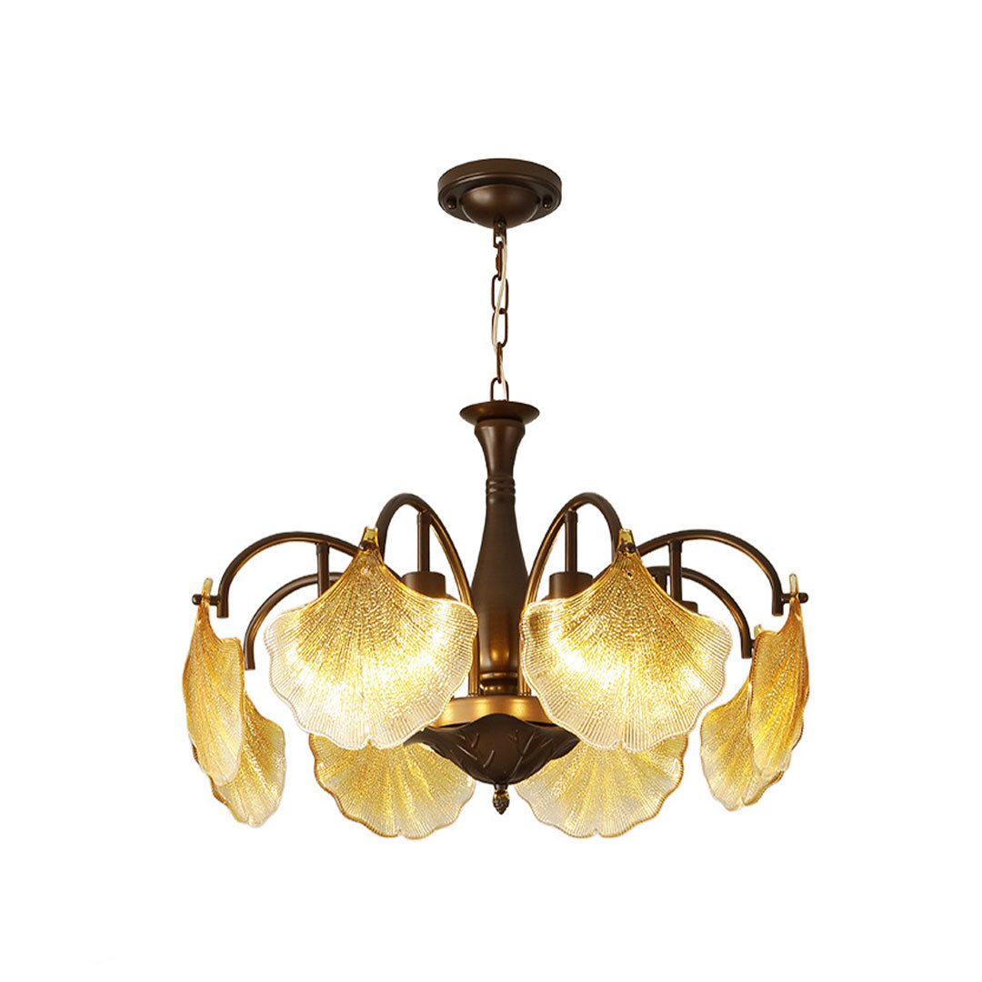 Leaf glass chandelier with textured glass leaf shades and decorative curved metal arms.