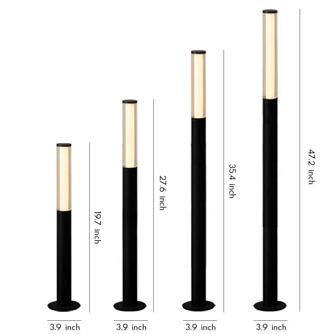 Tall slim black-and-white post lights arranged in varying heights, designed as modern led bollard garden light fixtures for outdoor pathways.