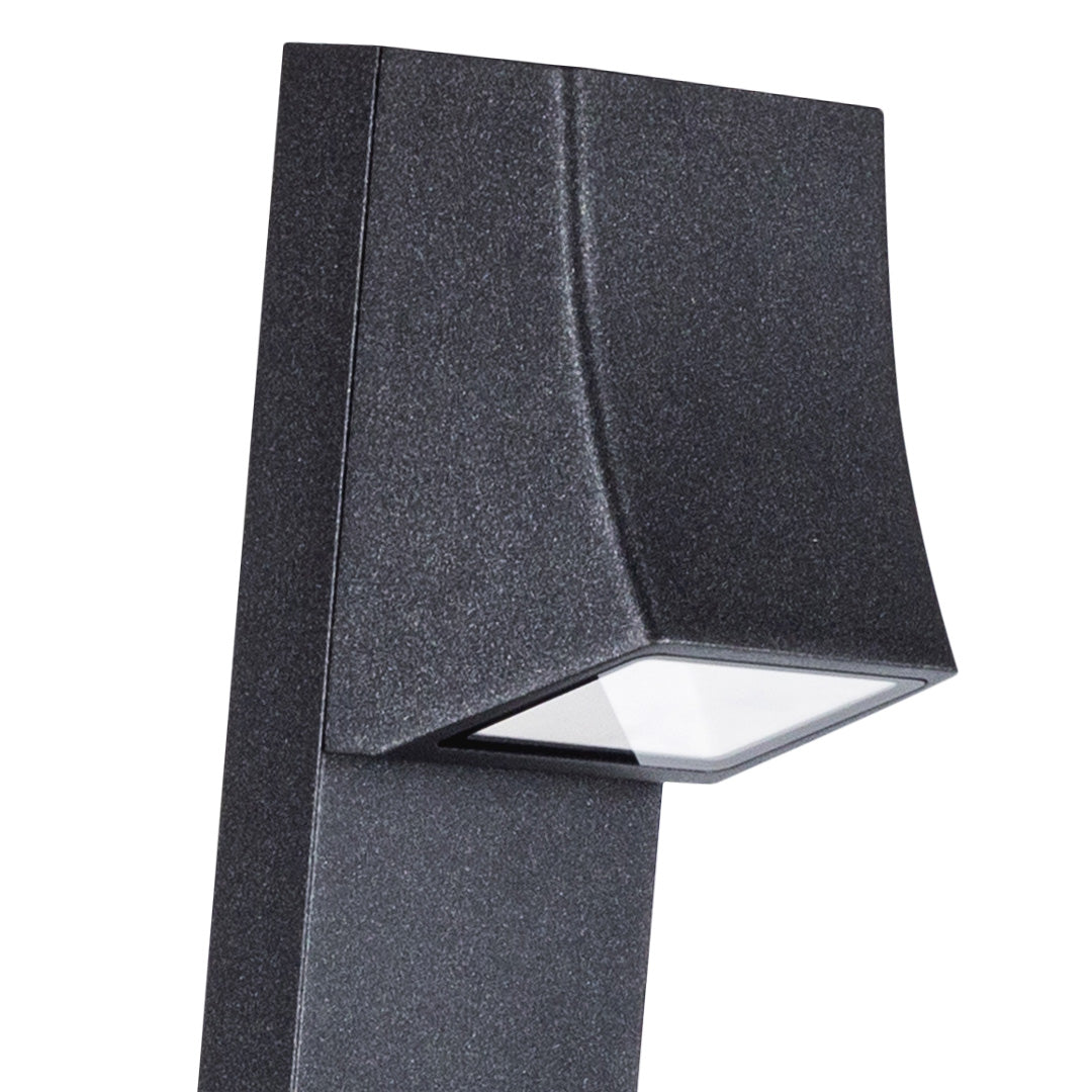 Close-up of textured black bollard light head with integrated LED light