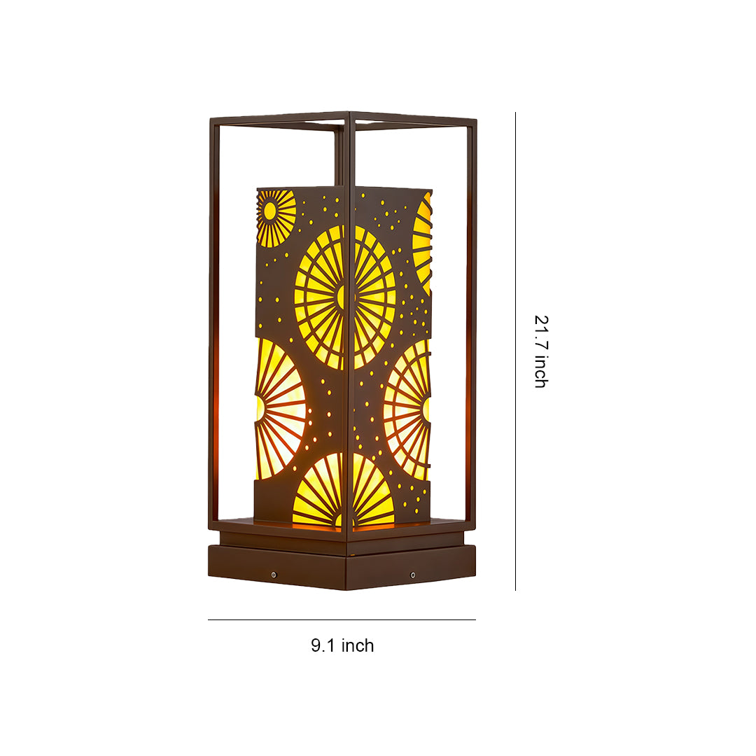 LED bollard light with intricate geometric patterns, providing elegant outdoor lighting along garden paths.