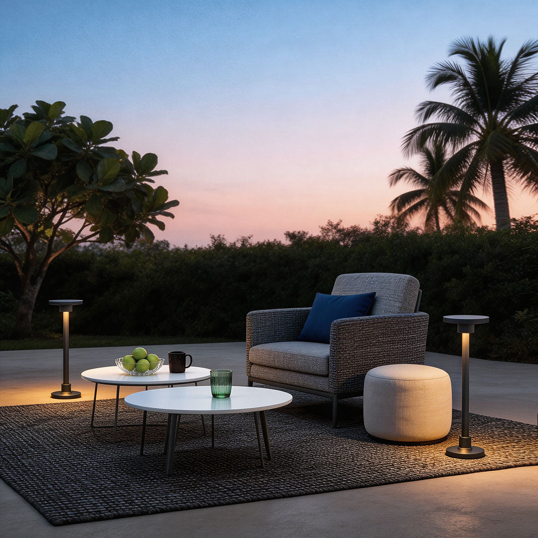 LED bollard path lights with a contemporary design, enhancing an outdoor seating area.