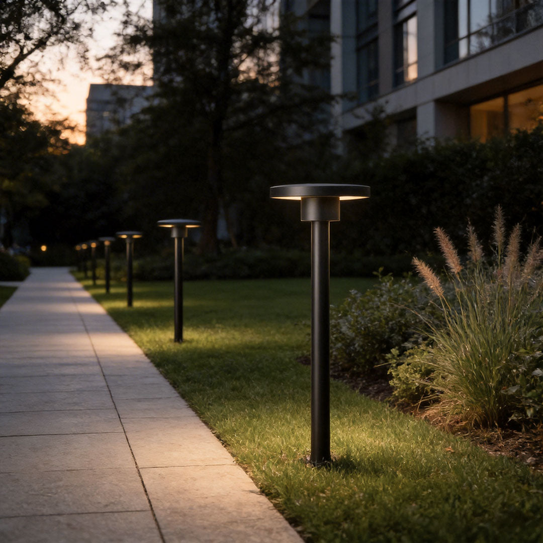 LED bollard path lights with a sleek design, lighting up a paved walkway beside greenery.