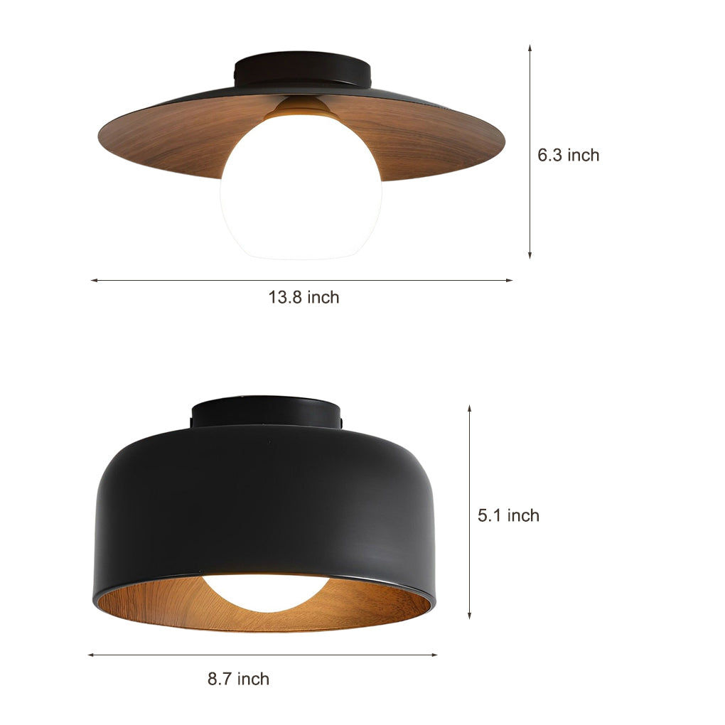Dimension diagram of LED ceiling lights with wood grain, showing various sizes for installation reference.