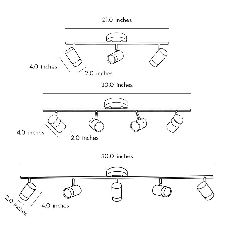 Technical diagram showing dimensions and structure of LED ceiling track spotlights models.