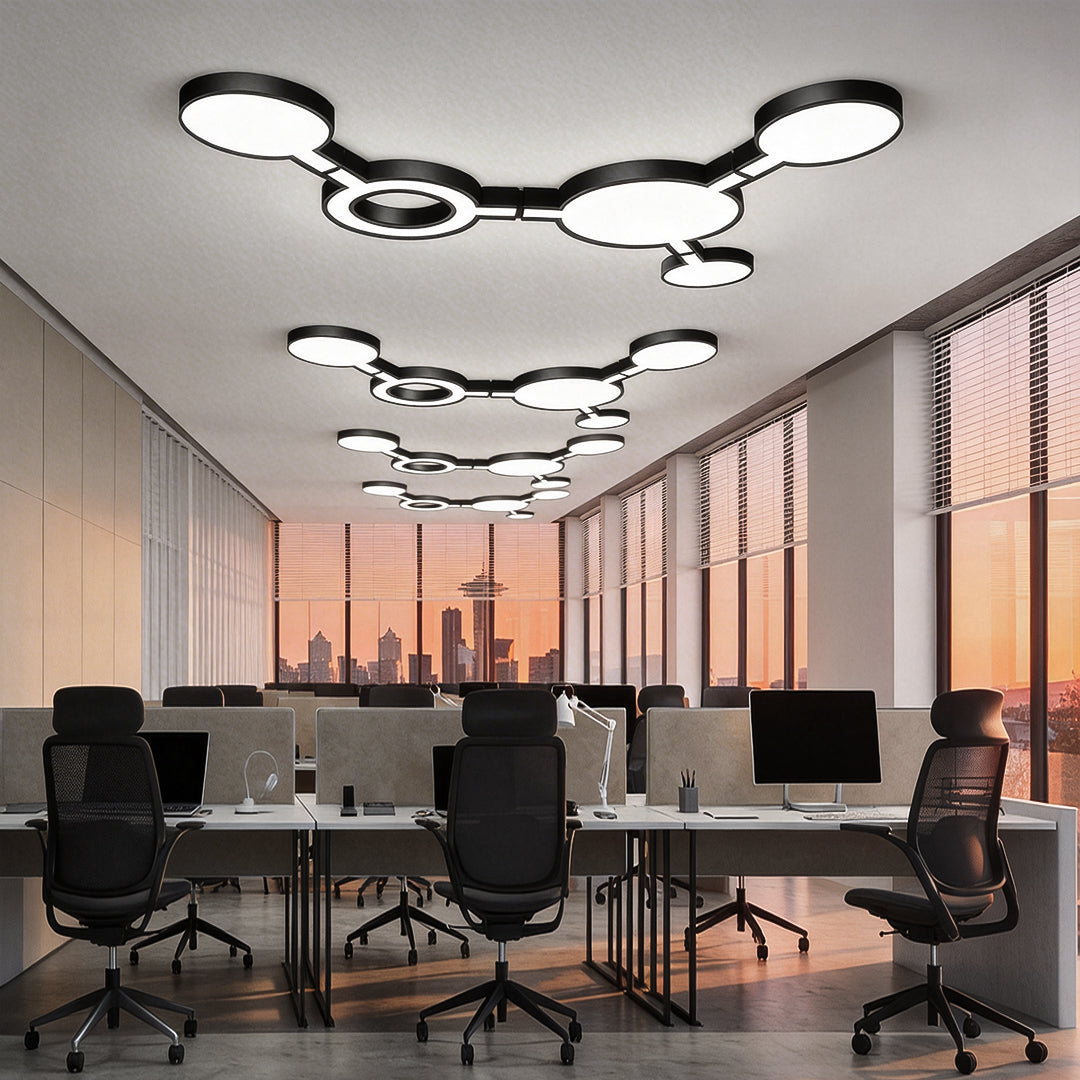 Led chandelier modern lighting a conference room, using connected circular LED shapes to enhance focus and modern interior style.