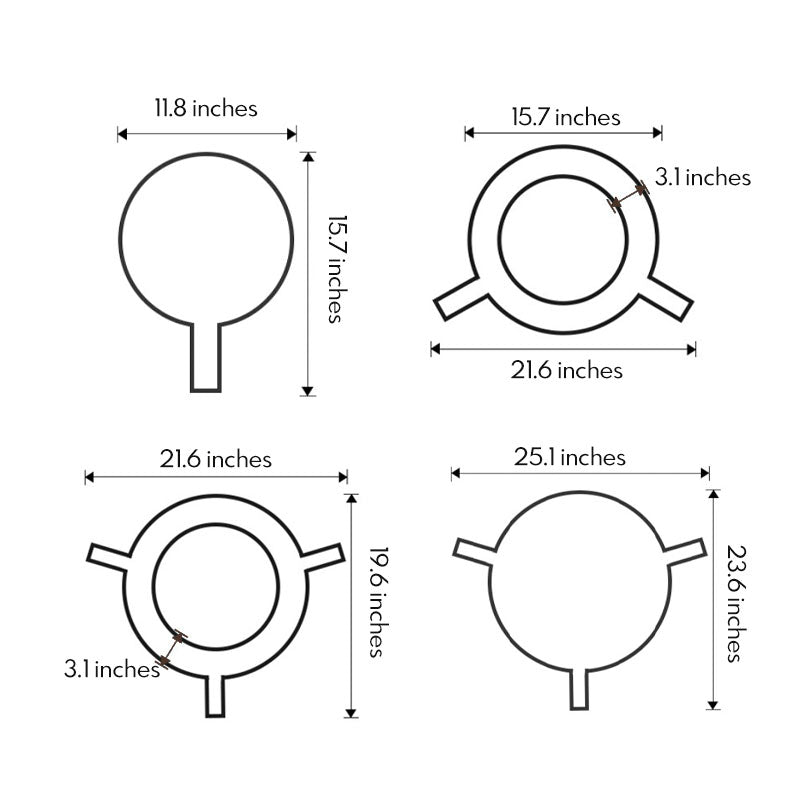 Technical dimension drawing of led chandelier modern, illustrating multiple size options and installation measurements.