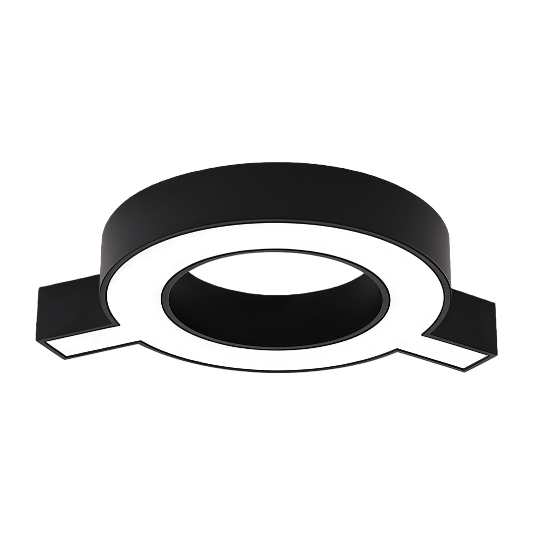 Led chandelier modern product view featuring a round LED ring with geometric support arms in matte black finish.