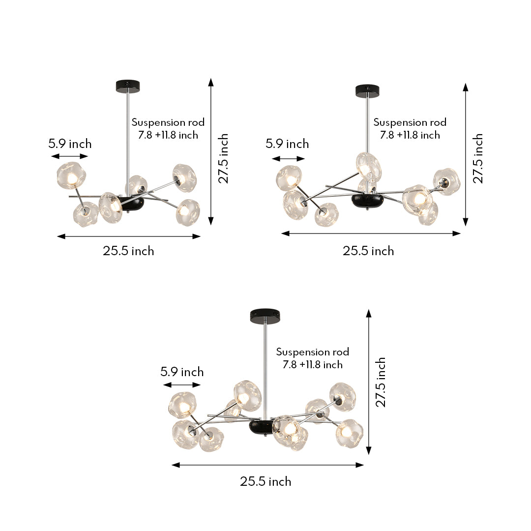 Technical specification sheet for modern LED chandelier lights showing multiple branch configurations and measurements