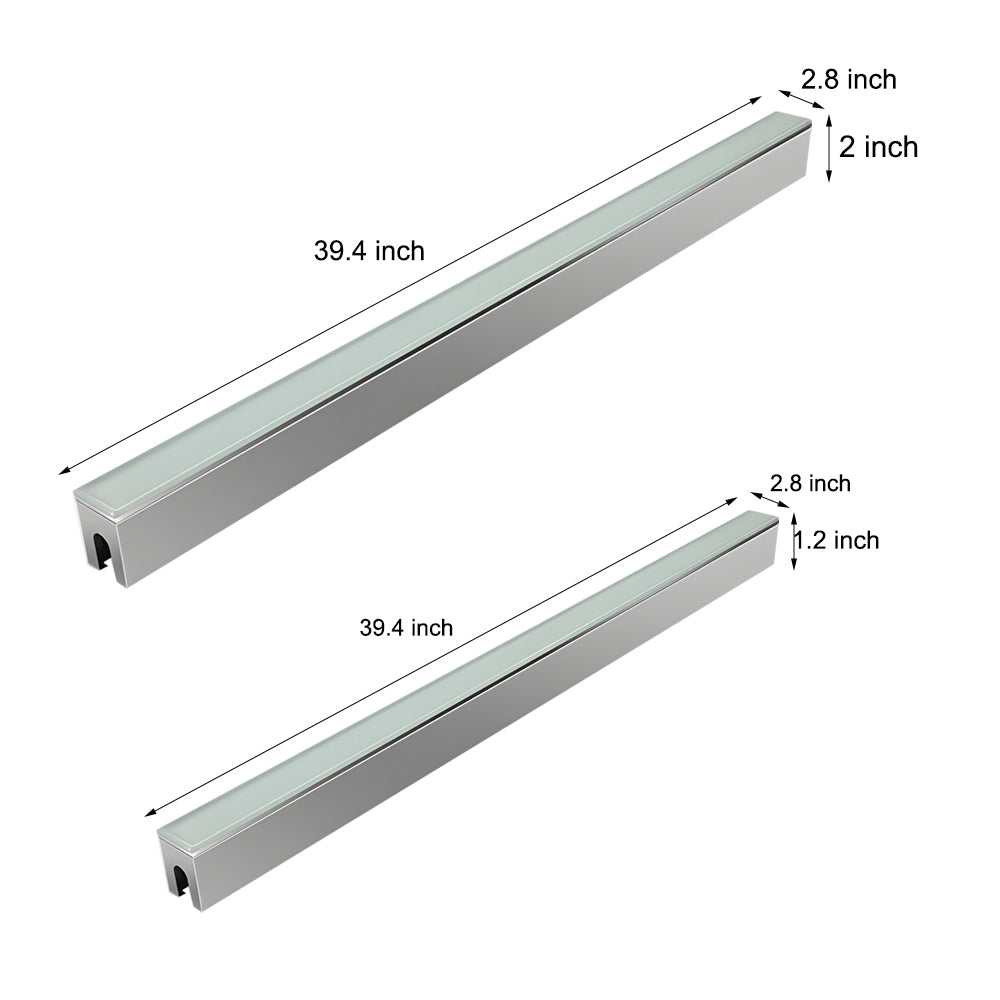 Technical drawing with precise measurements and specifications for two different sizes of aluminum LED strip channels