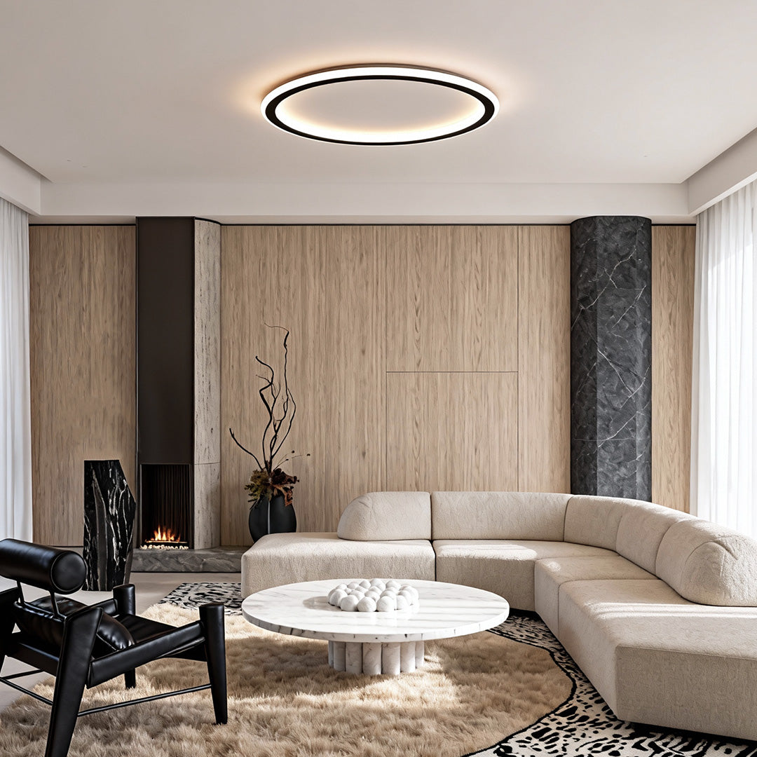 Contemporary lounge featuring a warm glow led circle ceiling lamp mounted flush to ceiling.