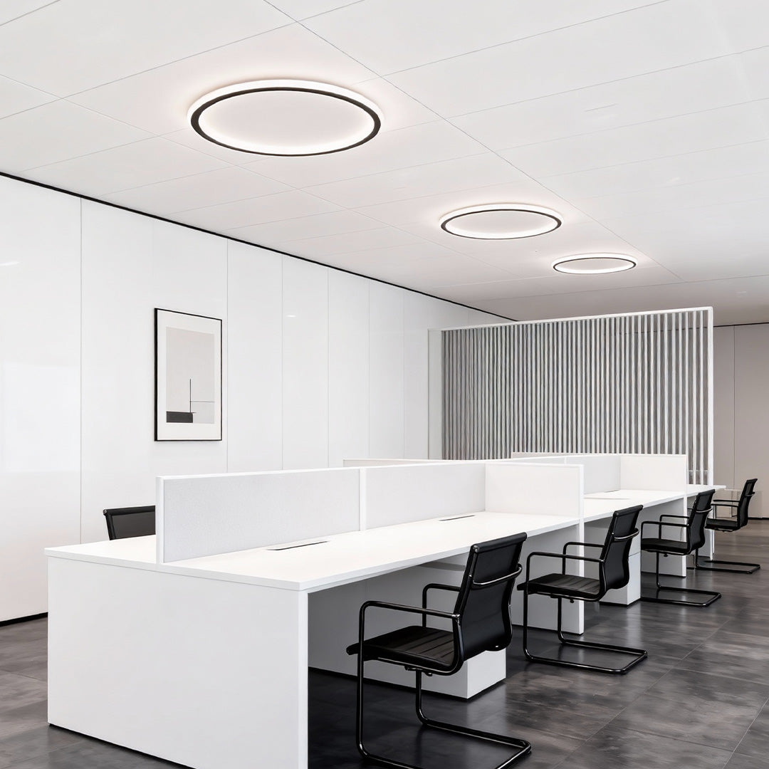 Modern office conference room lit by multiple recessed led circle ceiling lamps.