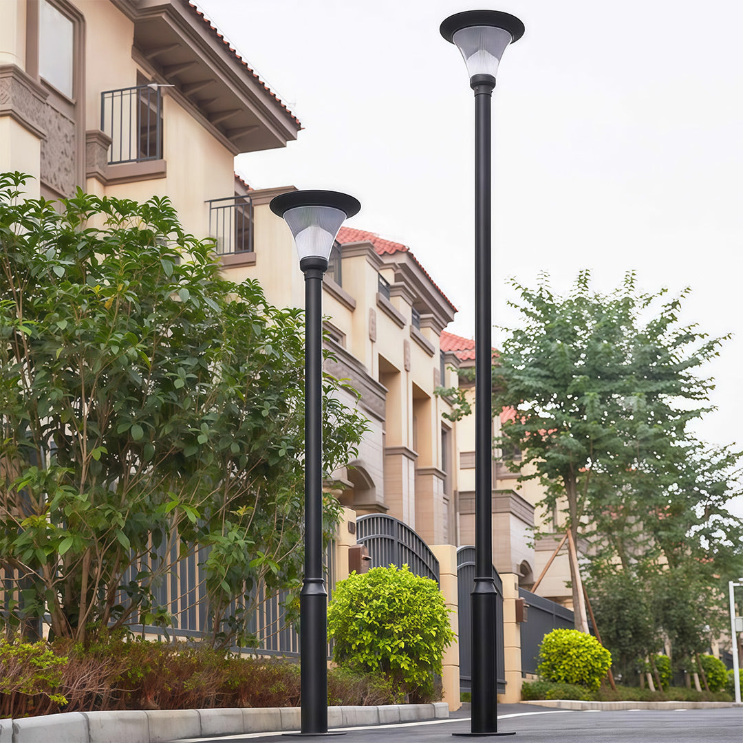 LED streetlight illuminating the surroundings in a modern commercial district.