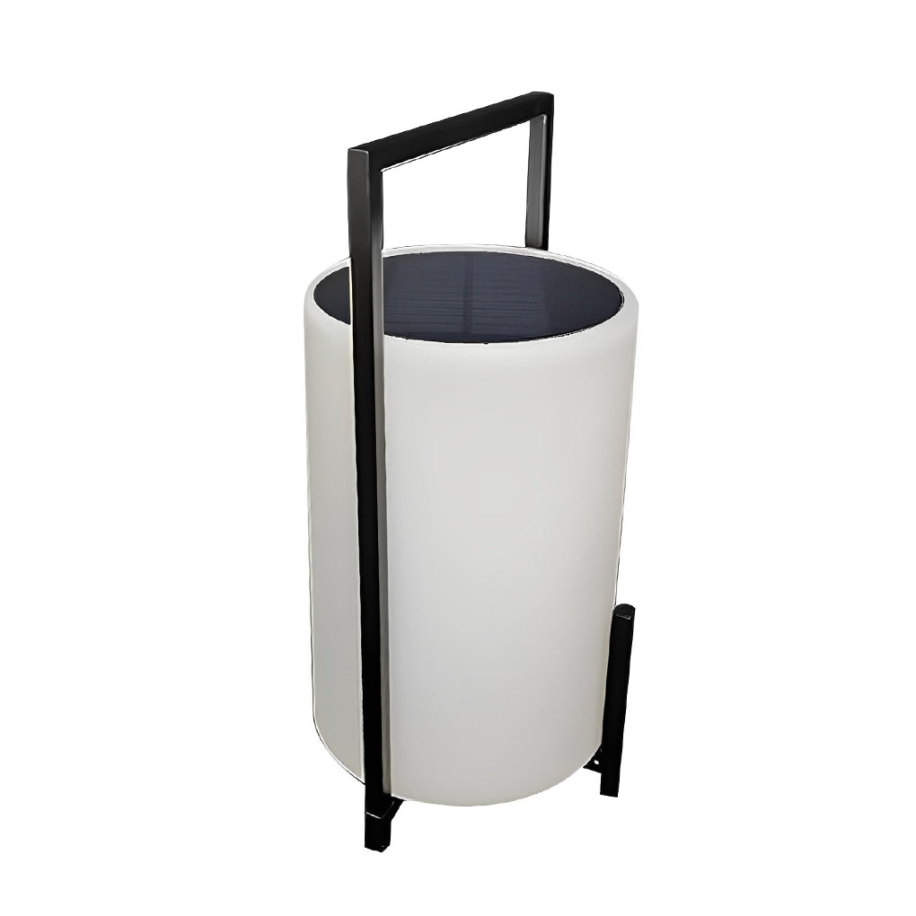 LED cylinder light fixture with a black frame, providing warm light near a window.