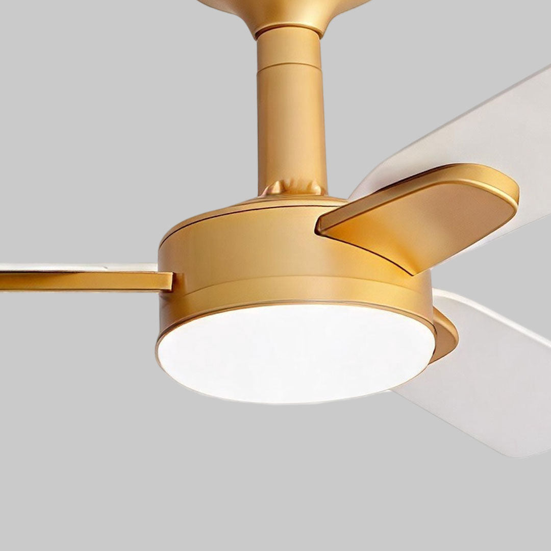 Close-up of copper ceiling fan with light showing the round LED diffuser and metallic housing.