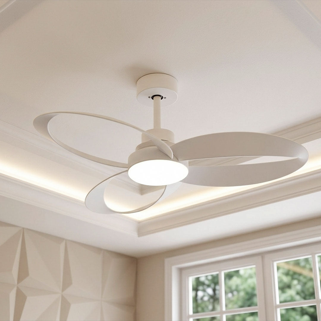 Close-up of modern ceiling fans with light showing the round LED diffuser and curved wood blades.
