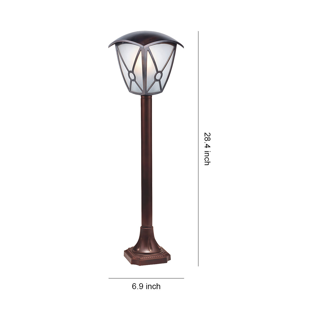 LED fence bollard light with decorative V-pattern glass and tall bronze pole, displayed with height measurement