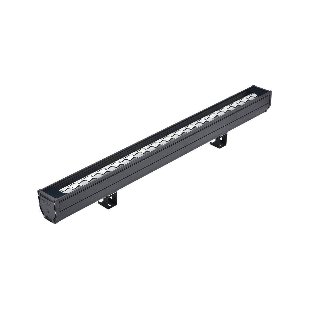 LED flood light fixtures with modern linear aluminum housing for exterior architectural lighting.