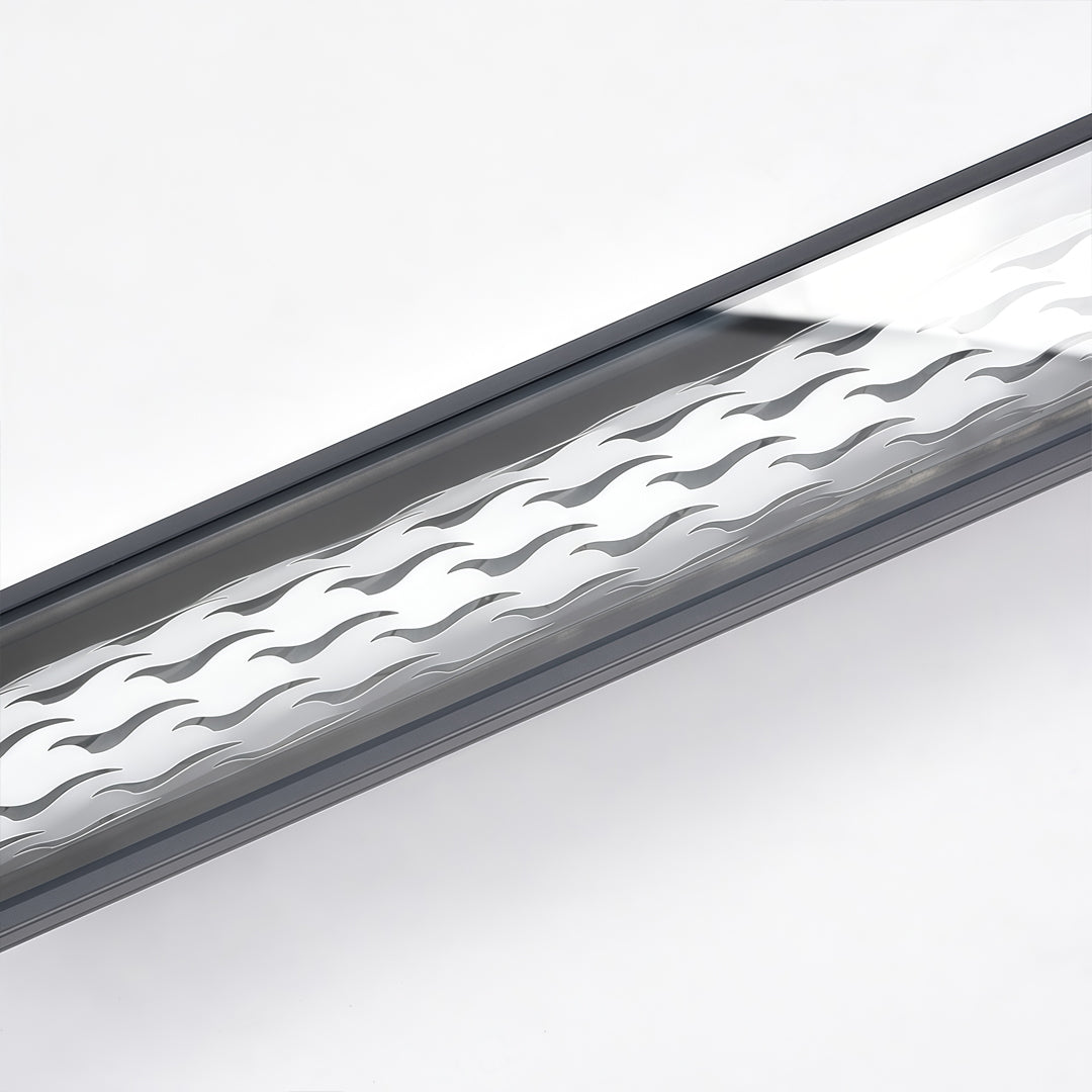 LED flood light fixtures close-up showing precision optical diffuser inside linear housing.