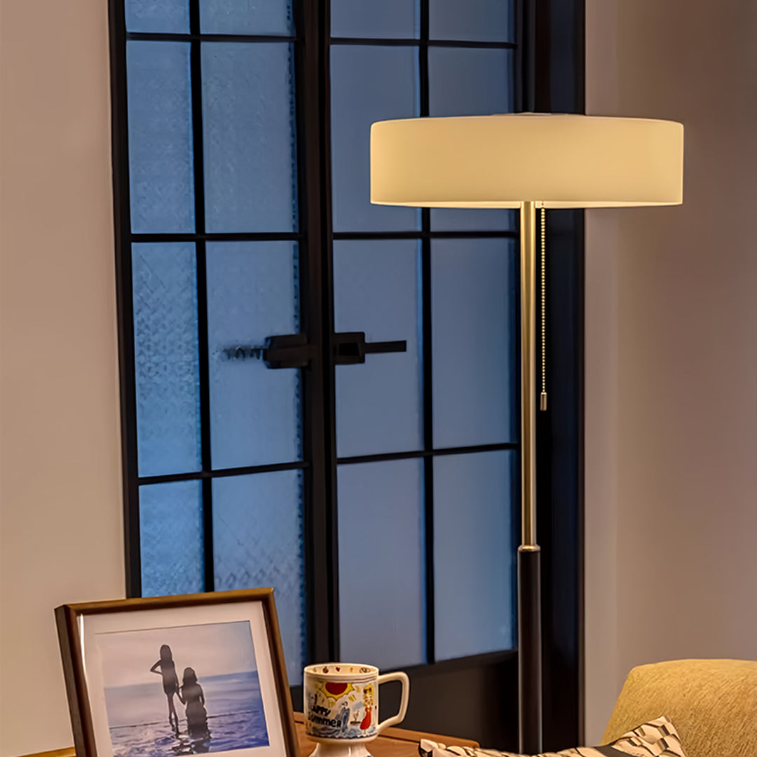 LED floor lamp with adjustable features positioned in stylish apartment setting