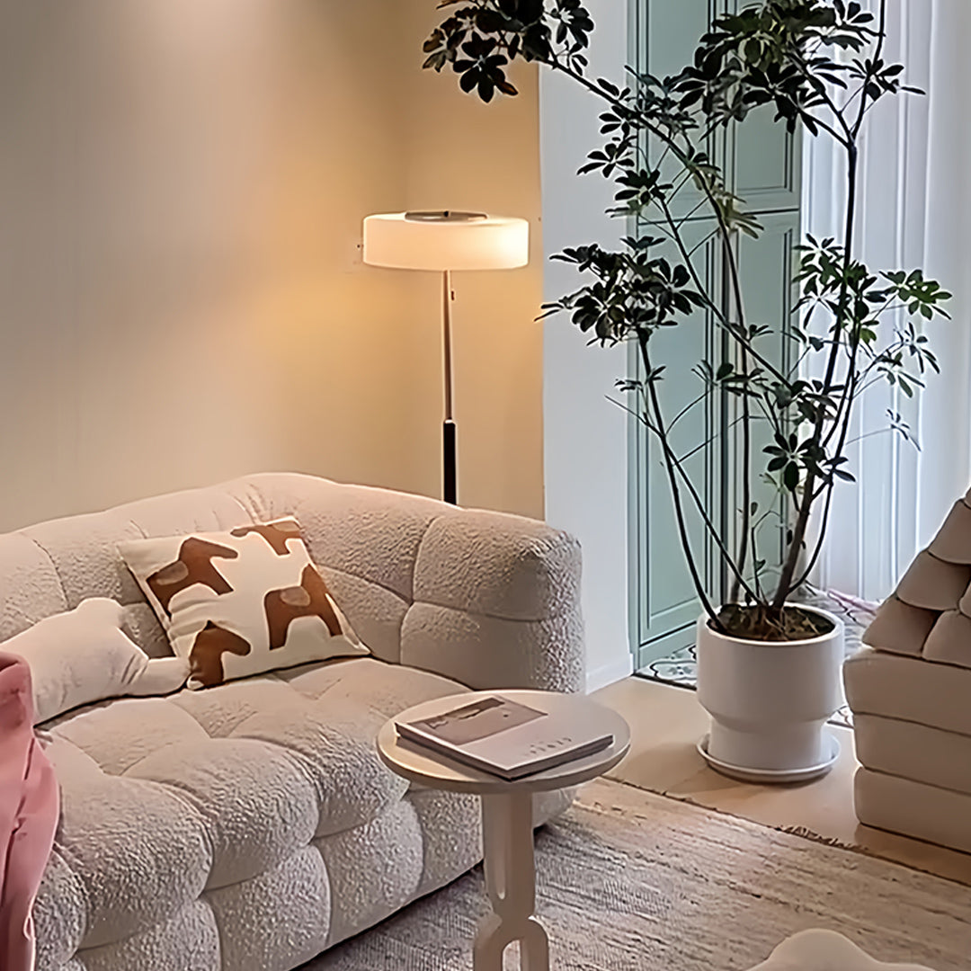 LED floor lamp positioned in cozy living room creating ambient lighting atmosphere