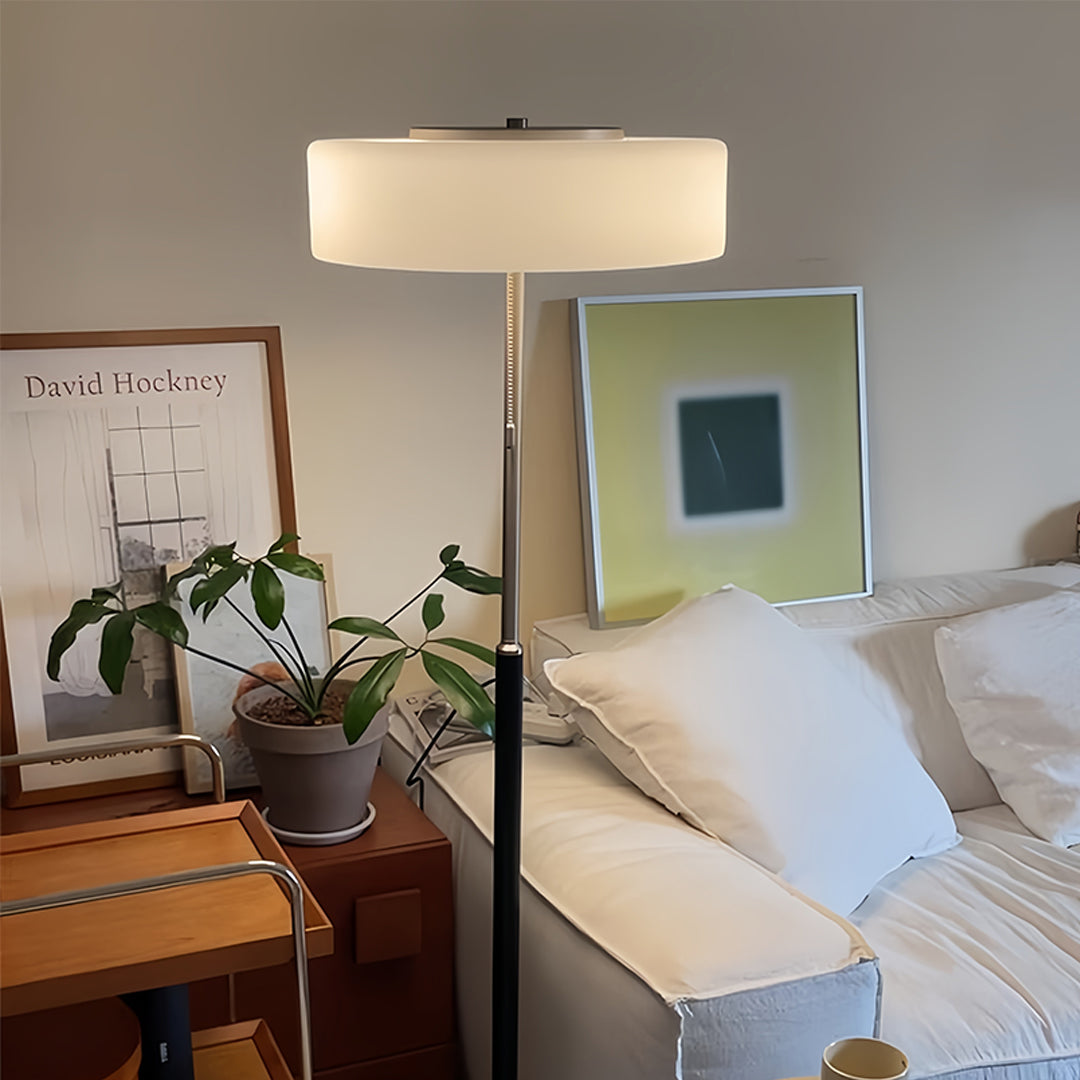 LED floor lamp positioned beside comfortable chair in well-lit reading nook